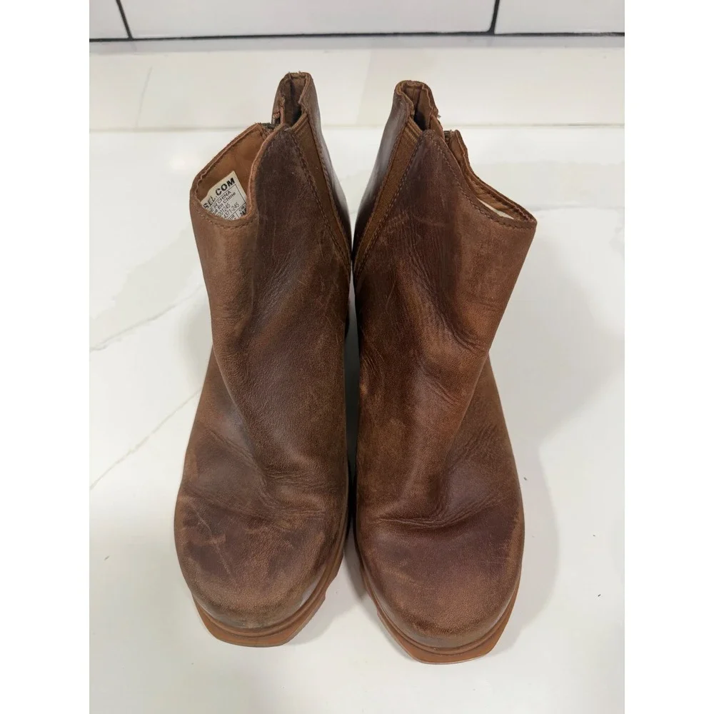 Sorel Joan of Arctic Wedge‎ III Zip Brown Leather Ankle Boots Womens 7.5